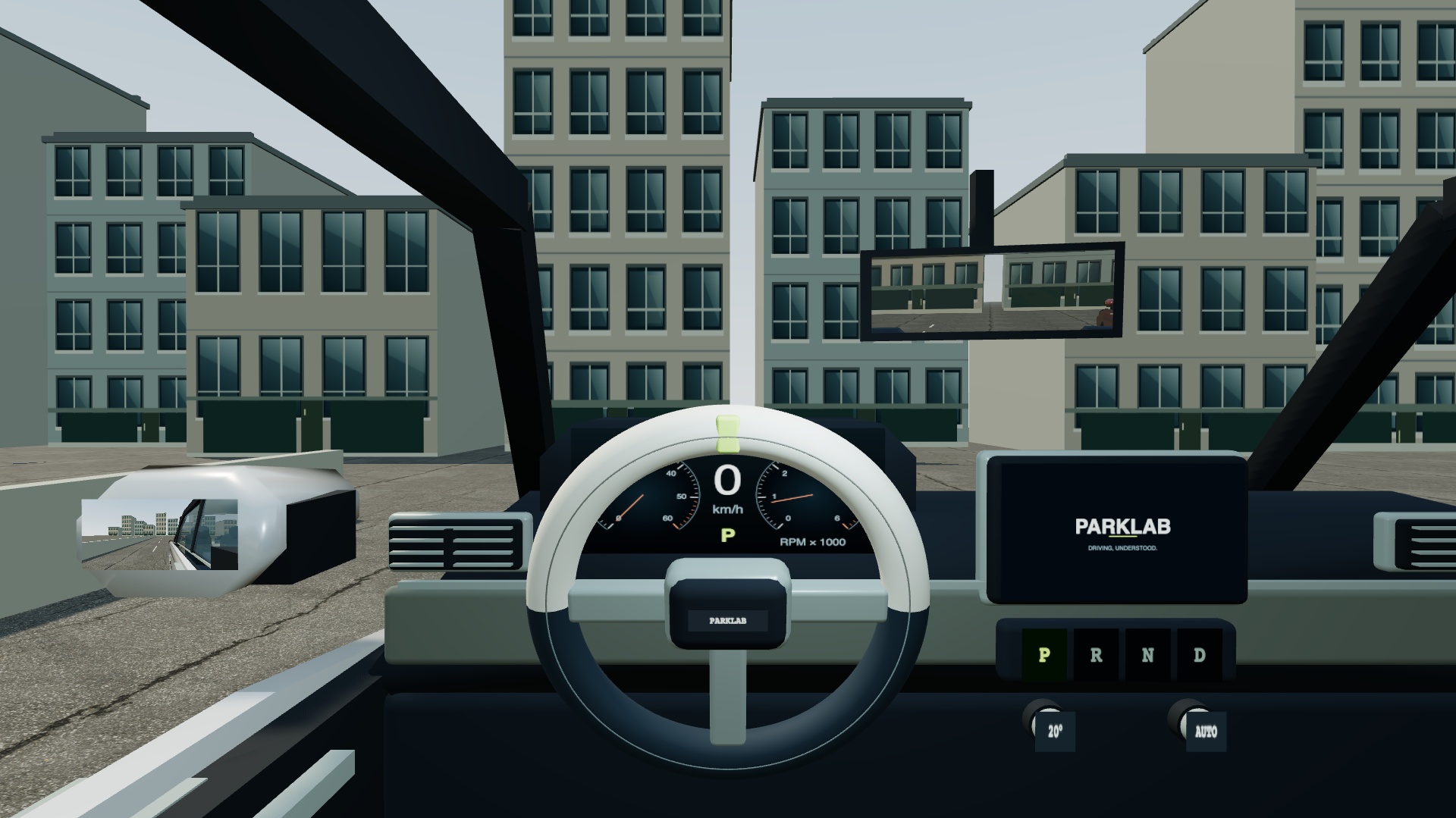 ParkLab cockpit, two-tone steering wheel, working mirrors and rear camera